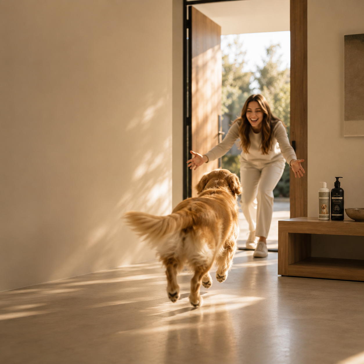Golden retriever running to greet its owner in a warm, sunlit home