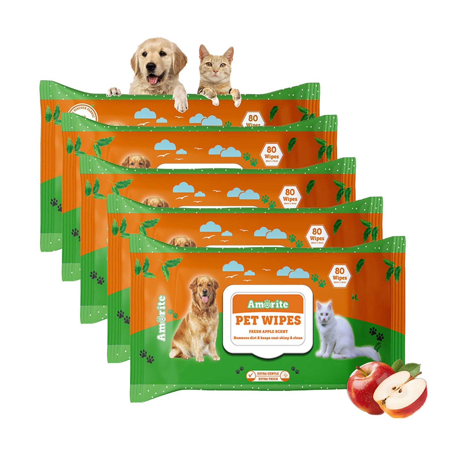 AMORITE Pet Wipes for Dogs & Cats | 400 Count(Pack of 5) Extra Thick Anti-Bacterial Wet Wipes | Grooming, Cleaning, Deodorizing Wipes | Alcohol-Free, Anti-Itching Formula with Rose Water & Glycerine | Moisturizing Care, Multipurpose Grooming Wipes, Everyday Pet Hygiene, Quick Paw Cleaning, Gentle Face & Ear Cleaning