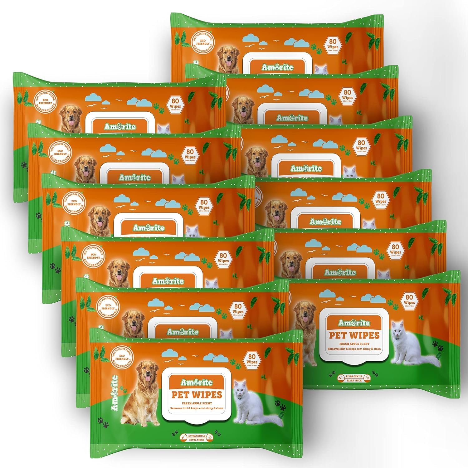 AMORITE Pet Wipes for Dogs & Cats | 960 Count(Pack of 12) Extra Thick Anti-Bacterial Wet Wipes | Grooming, Cleaning, Deodorizing Wipes | Alcohol-Free, Anti-Itching Formula with Rose Water & Glycerine | Moisturizing Care, Multipurpose Grooming Wipes, Everyday Pet Hygiene, Quick Paw Cleaning, Gentle Face & Ear Cleaning